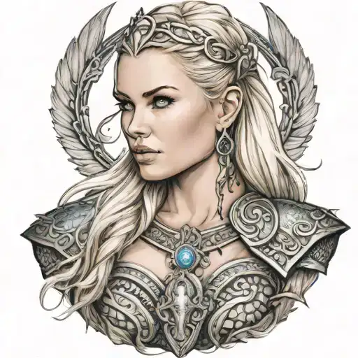 Beautiful Norse Viking Valkyrie With Blonde Hair Blue Eyes Tattoos Big Breast