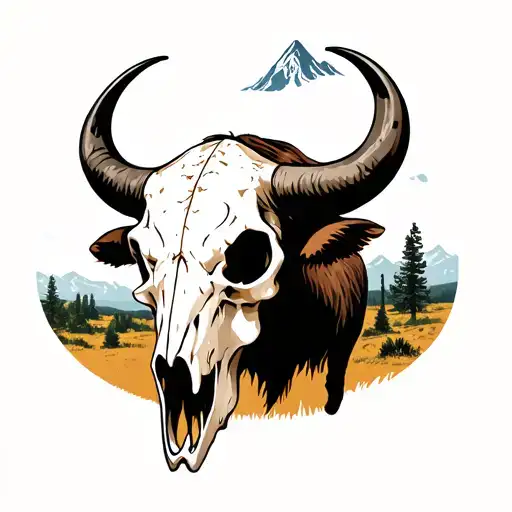 Buffalo Skull With Western Landscape Background