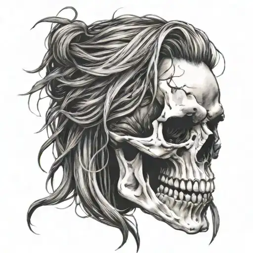 Scary Intimidating Horrific Skull With Long Hair Tattoo Holding
