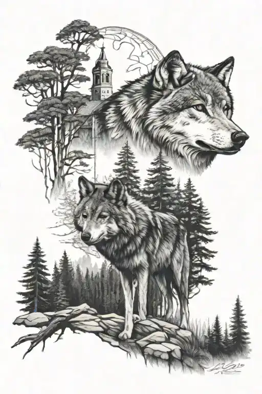 Wolf And Church Forest In Back