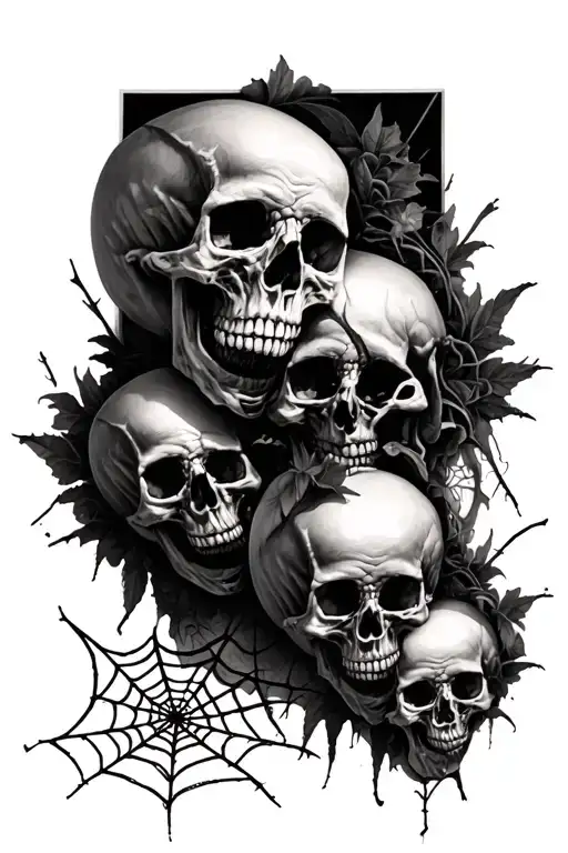 Skulls In The Background And Spider Webs In Front
