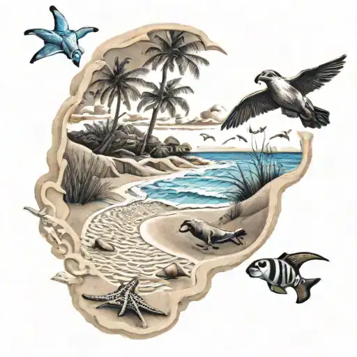 An Intricate Beach Scene With Various Animals Hidden In The Sand