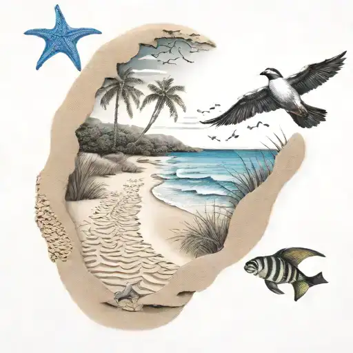 An Intricate Beach Scene With Various Animals Hidden In The Sand