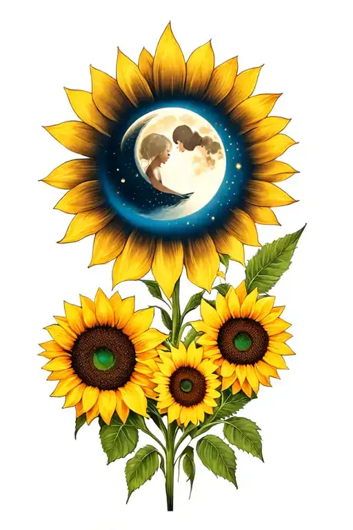 Mom And Daughter Sunflower Tattoo With Moon Shining -Ankle