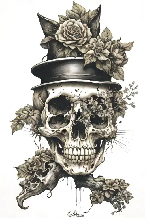 Cat Skull Adorned With Spores And Mushrooms Growing