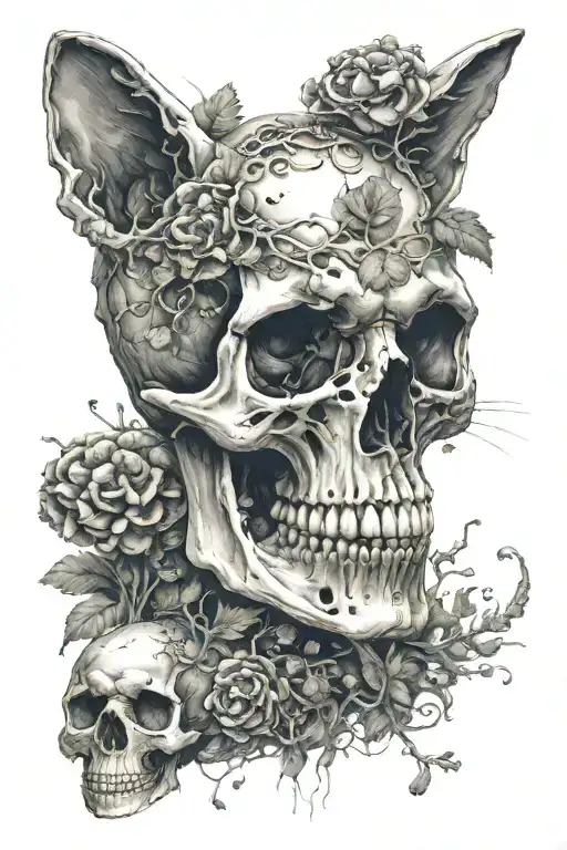 Skull Of A Cat With Spores And Mushroons Growing