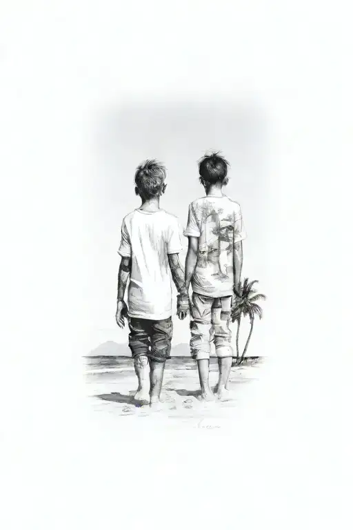 Two Brothers Holding Hands On A Beach With Palm Trees In The Background