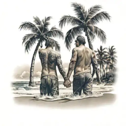 Two Brothers Holding Hands On A Beach With Palm Trees In The Background