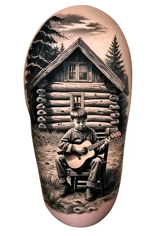Little Boy Sitting In A Chair Holding A Guitar Looking At A Log Cabin