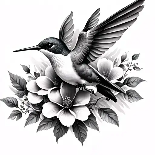 Black And Grey Soft Shaded Humming Bird With Flowers