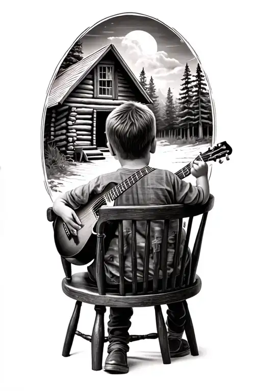Little Boy Sitting In A Chair Facing Away Holding A Guitar Looking At A Log Cabin