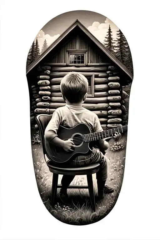 Little Boy Sitting In A Chair Facing Away Holding A Guitar Looking At A Log Cabin
