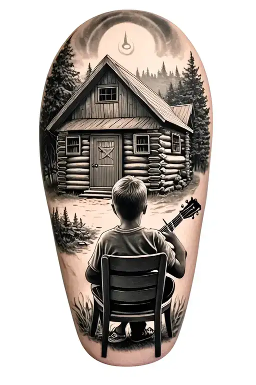 Little Boy Sitting In A Chair Facing Away With A Guitar Looking At A Log Cabin