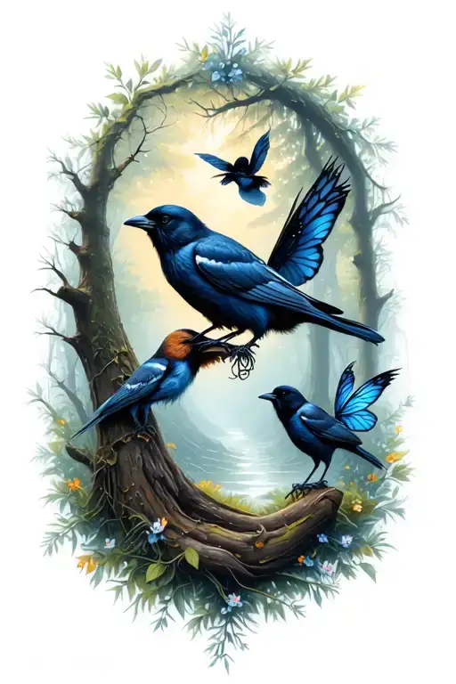 Enchanted Forest Scene With Crows And Faries