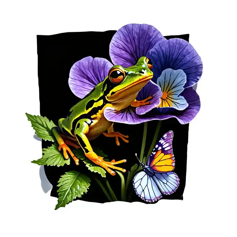 Frog On Pansy Flower With Butterfly