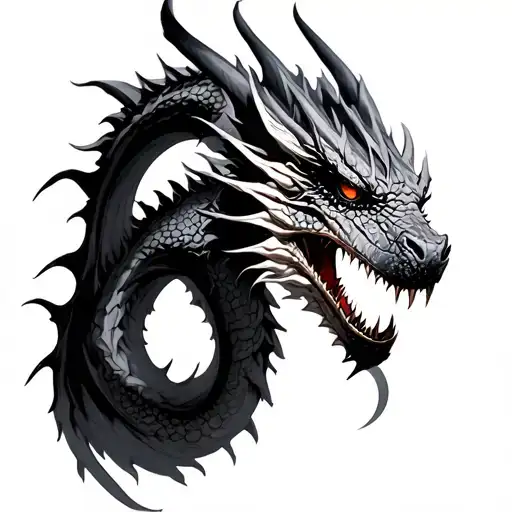 Black And Grey Soft Shaded Mid Evil Dragon With Thick Skales And Dark Eyes