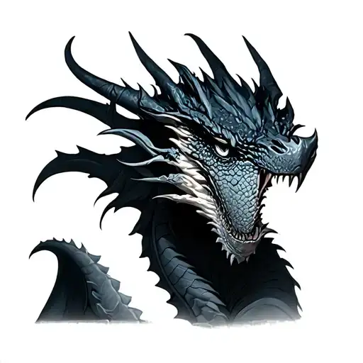 Black And Grey Soft Shaded Mid Evil Dragon With Thick Skales And Dark Eyes