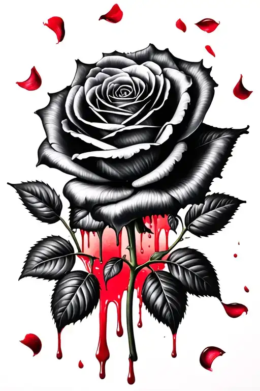 Black Rose With Rose Petals Dripping Blood