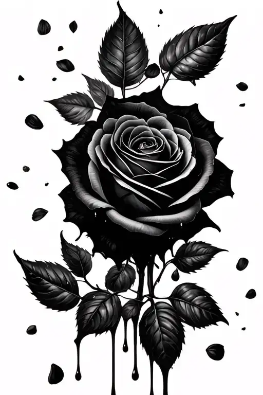 Black Rose With Rose Petals Dripping Downwards