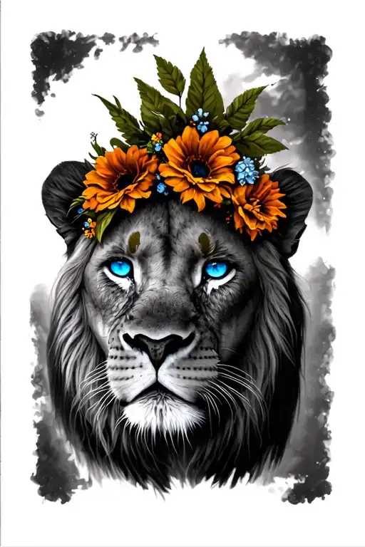 Female Lioness With Blue Eyes And A Flower Crown