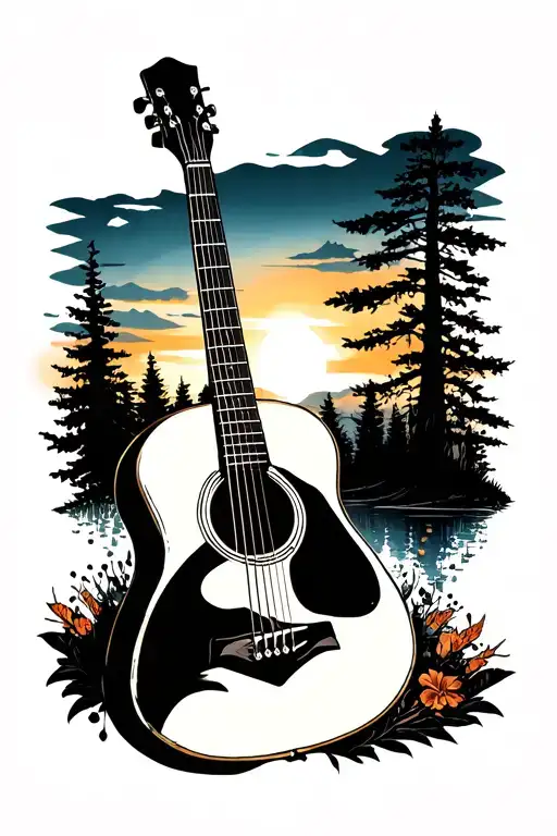 Accoustic Guitar Surrounded By Nature Scene With A Silhouette