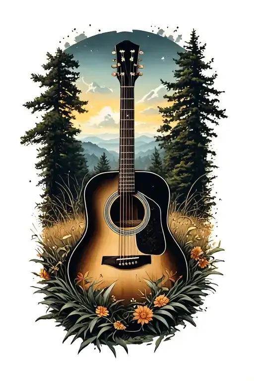 Accoustic Guitar Surrounded By Nature Scene