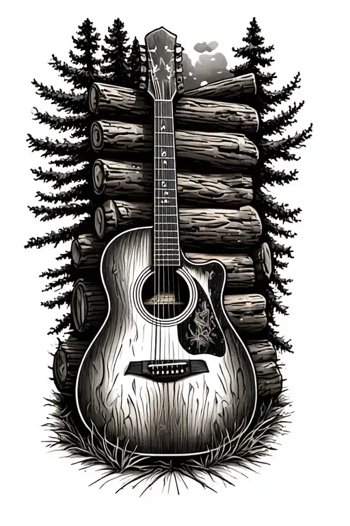 Accoustic Guitar Surrounded By Log Cabin Scene