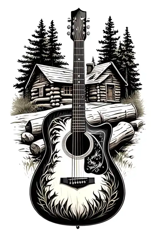 Accoustic Guitar Surrounded By Log Cabin Scene