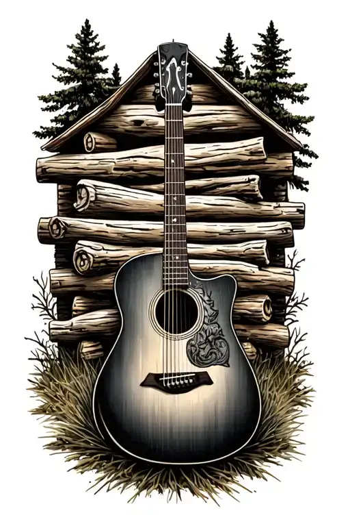 Accoustic Guitar Surrounded By Log Cabin Scene