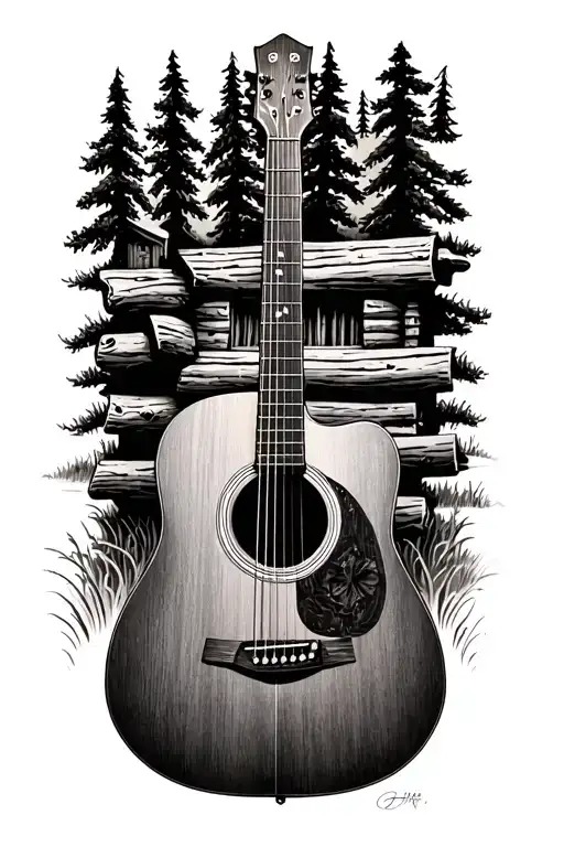 Accoustic Guitar Surrounded By Log Cabin Scene
