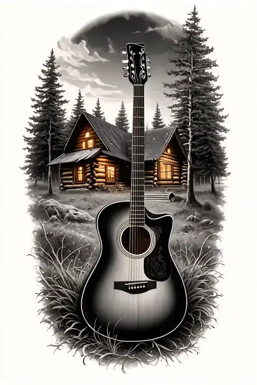 Accoustic Guitar Surrounded By Log Cabin Scene