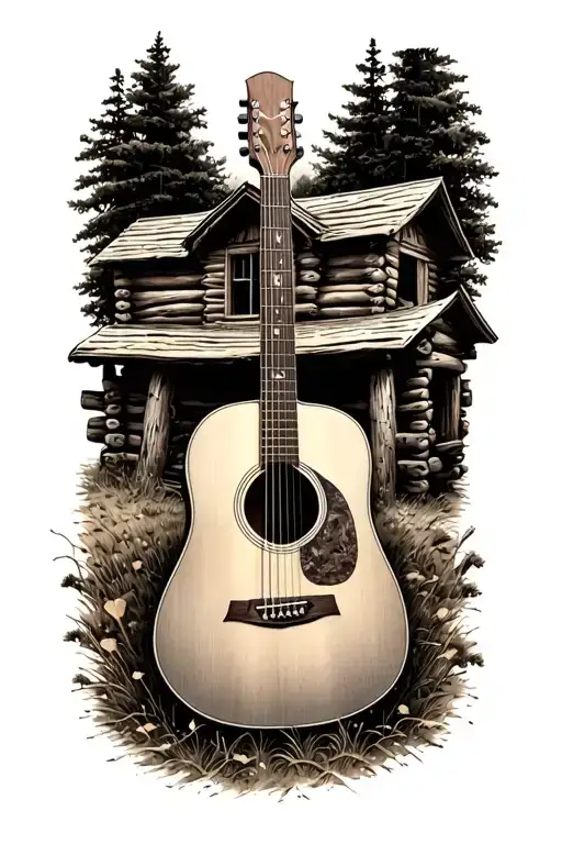 Accoustic Guitar Surrounded By Log Cabin Scene