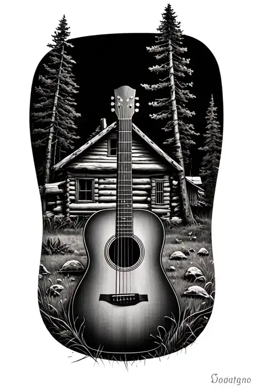 Accoustic Guitar Surrounded By Log Cabin Scene
