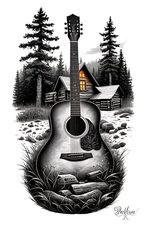 Accoustic Guitar Surrounded By Log Cabin Scene