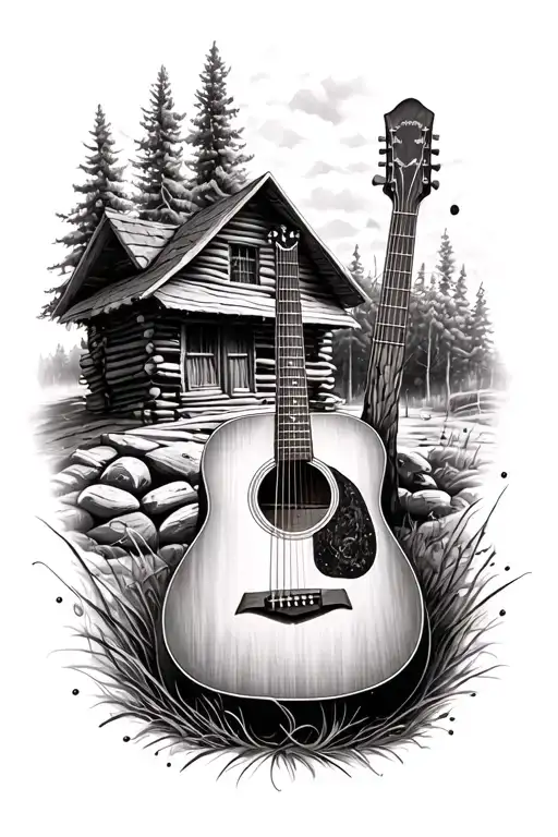 Accoustic Guitar Surrounded By Log Cabin Scene