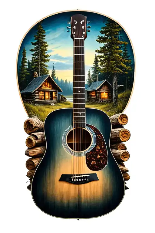 Accoustic Guitar Surrounded By Log Cabin Scene