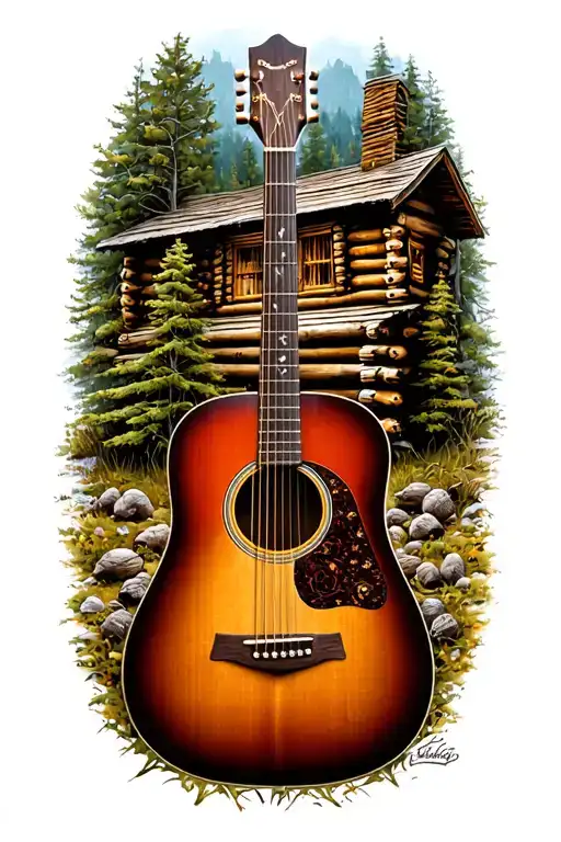Accoustic Guitar Surrounded By Log Cabin Scene