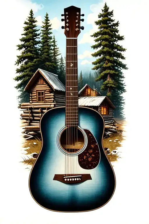 Accoustic Guitar Surrounded By Log Cabin Scene