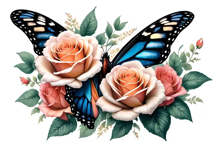 Butterfly With Roses Blooming