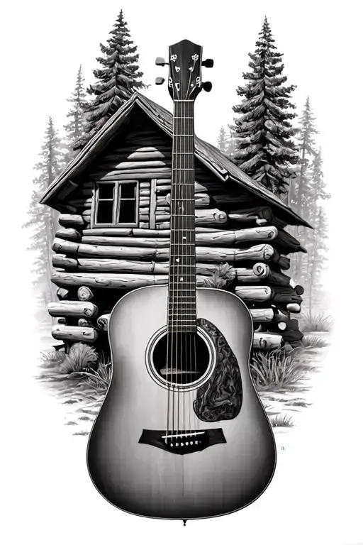 Accoustic Guitar Surrounded By Log Cabin Scene
