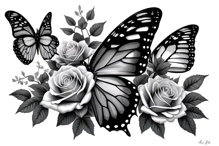 Butterfly With Roses Blooming