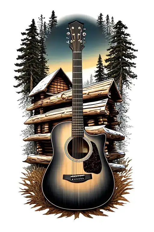 Accoustic Guitar Surrounded By Log Cabin Scene