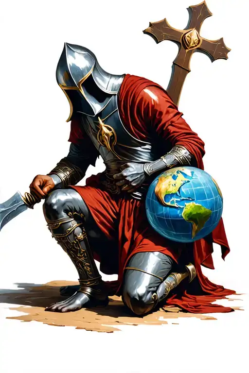 Crusader Kneeling Giving World With Crusafix Behind Him