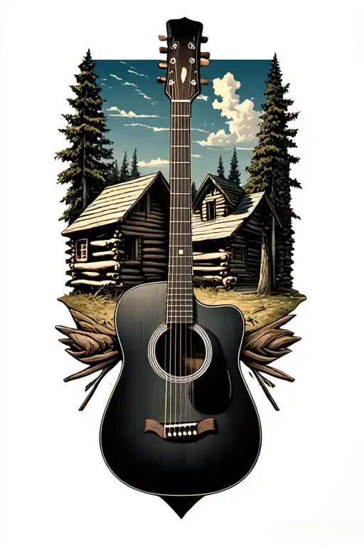 Accoustic Guitar Surrounded By Log Cabin Scene