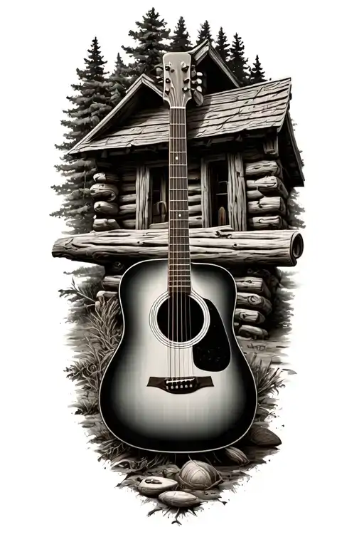 Accoustic Guitar Surrounded By Log Cabin Scene