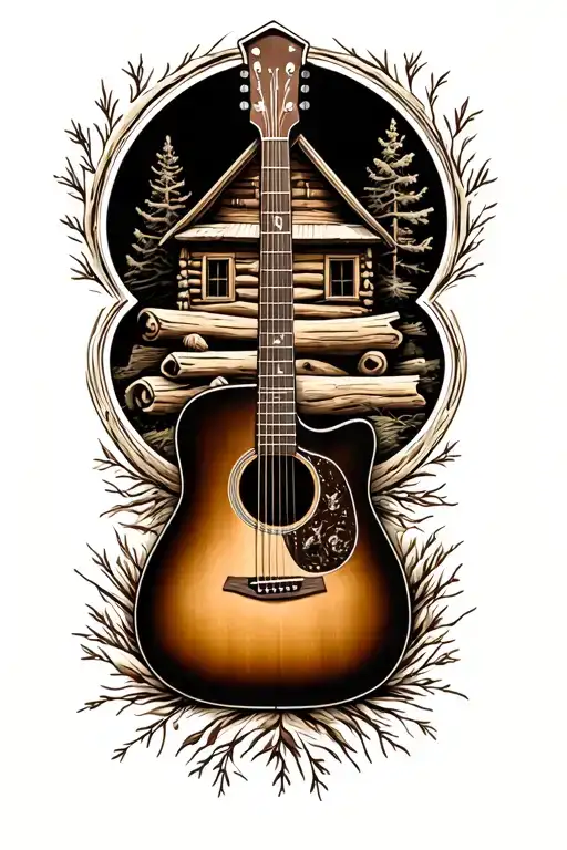 Accoustic Guitar Surrounded By Log Cabin Scene