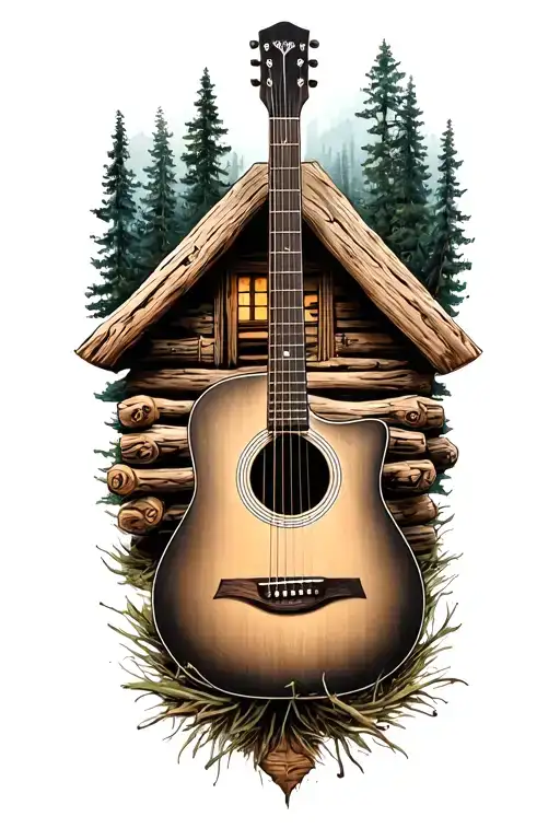 Accoustic Guitar Surrounded By Log Cabin Scene Inside