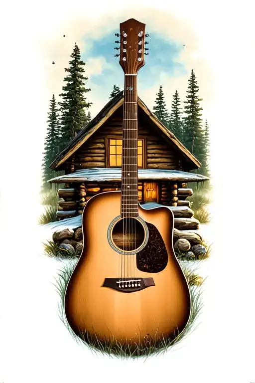 Accoustic Guitar Surrounded By Log Cabin Scene Inside