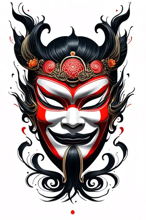 Japanese Mask Surrounded By Swirling
