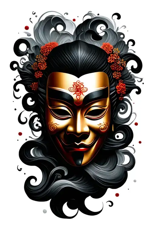 Japanese Mask Surrounded By Swirling Clouds